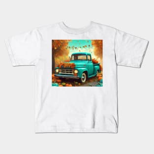 Cute Aqua Blue Vintage Little Pickup Truck Happy Fall Y'All Kids T-Shirt